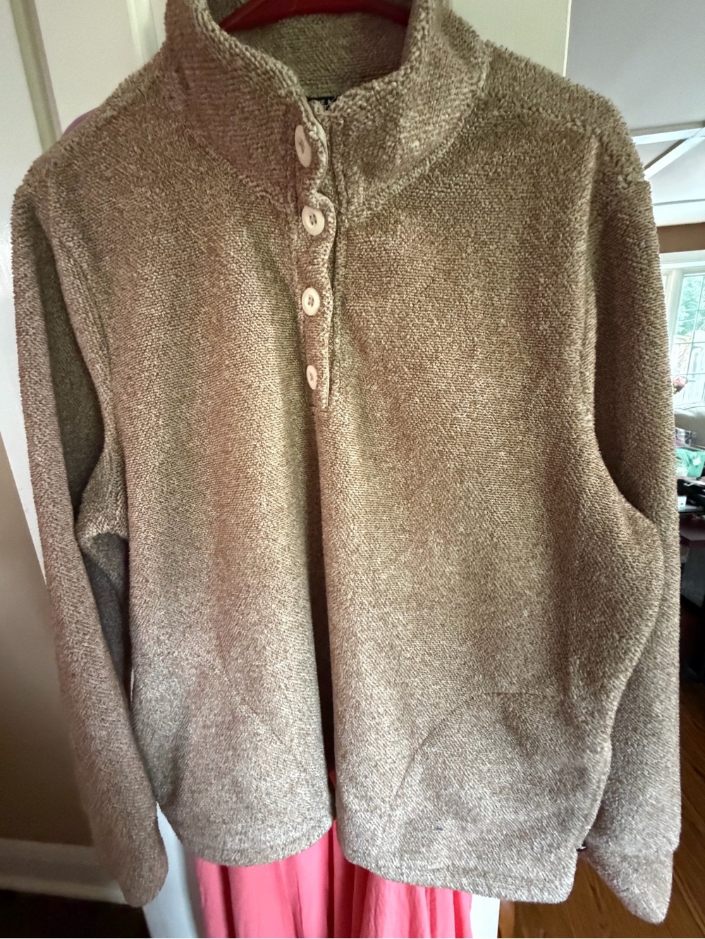 Eddie Bauer Womens Button-Neck Crewneck Sweater in Light Taupe, L